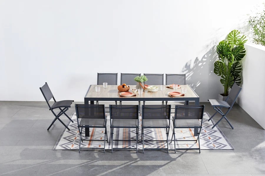 Ensemble de Jardin LAGOS table aluminium effet bois et 10 chaises