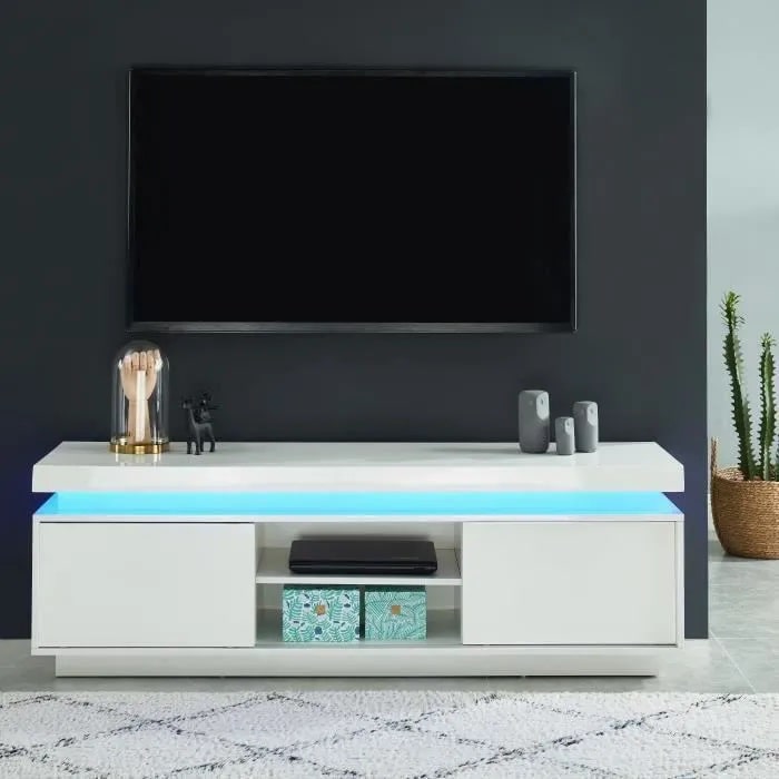 ULYSSE Meuble TV à LED blanc laqué brillant