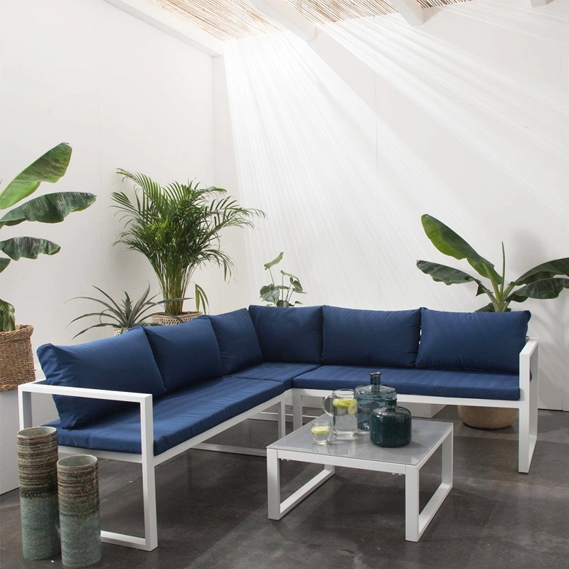 Salon de jardin modulable IBIZA en tissu bleu 4 places aluminium blanc