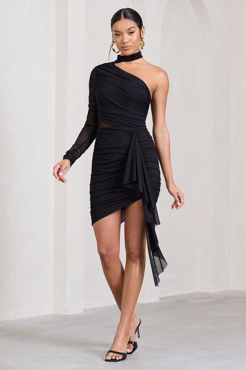 Mini-robe SWIRLING noire froncée à une manche avec volant