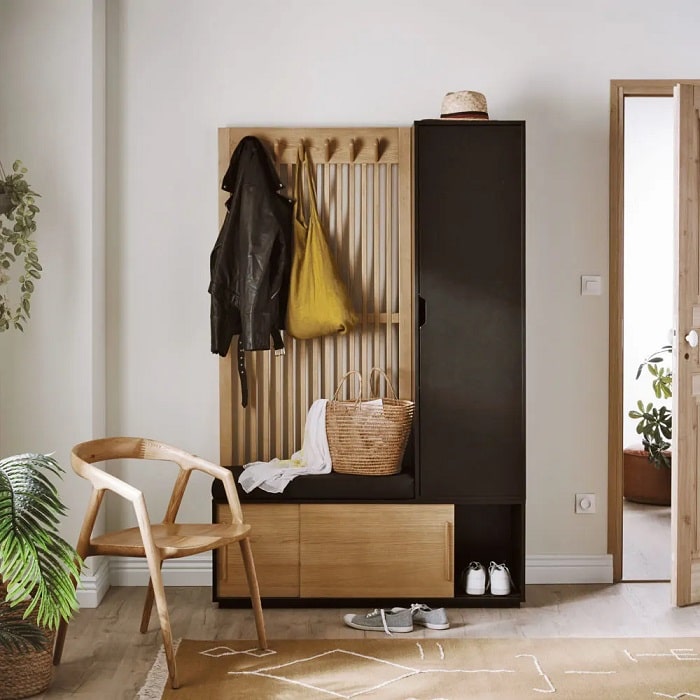 Vestiaire 3 portes SCILO avec portant en bois de frêne gris anthracite et noir - Maisons du Monde