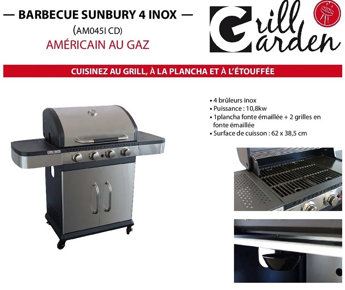 GRILL GARDEN SUNBURY 4 INOX Barbecue à gaz 4 brûleurs inox