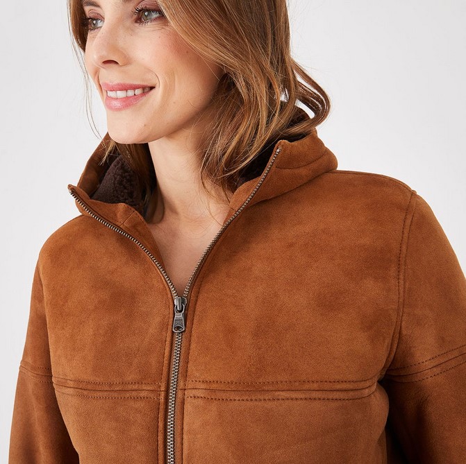 Manteau long Eden Park à capuche marron en peau lainée