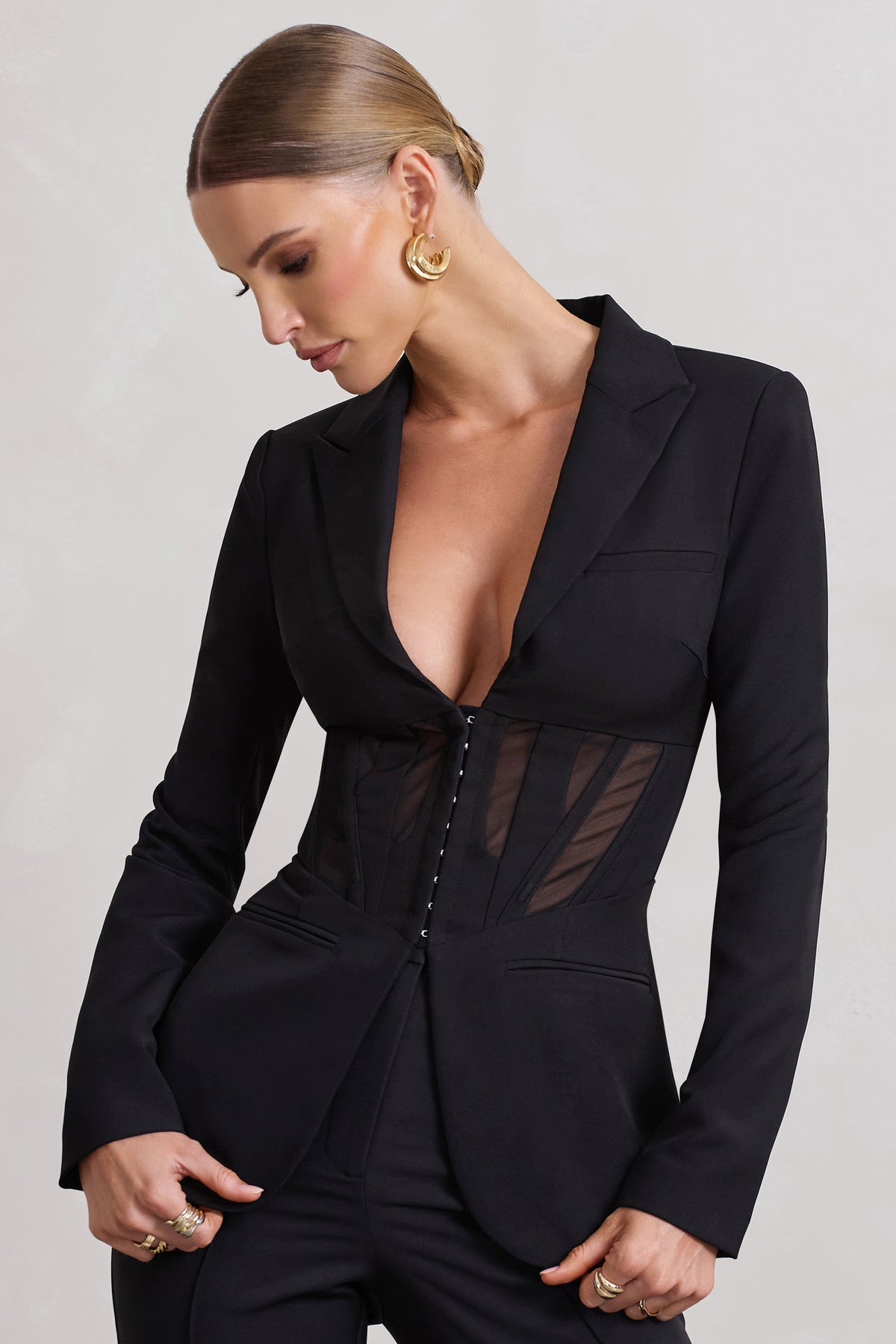 Blazer tailleur TRANSPARENCY noir avec corset et panels de maille - Club L London