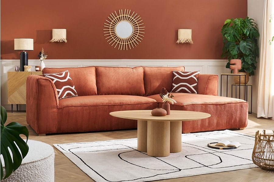 Canapé d'angle droit design PANAM 3-4 places en tissu velours côtelé terre brûlée - Miliboo