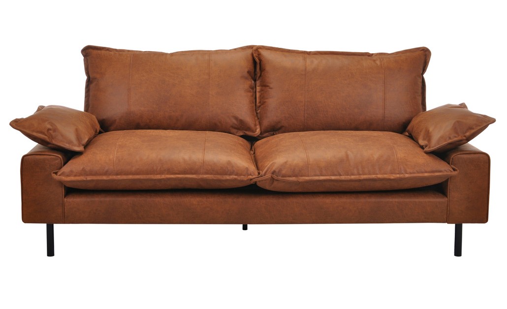 Canapé 3 places DORY en cuir aspect vieilli marron cognac et métal noir