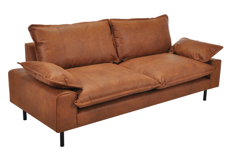 Canapé 3 places DORY en cuir aspect vieilli marron cognac et métal noir