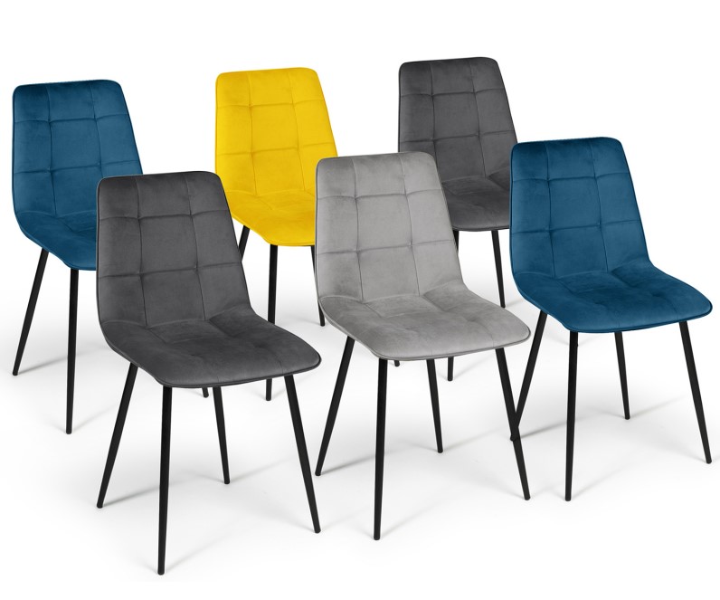 Lot de 6 chaises MILA en velours mix color bleu x2, gris foncé x2, gris clair, jaune pas cher - Chaises ID Market