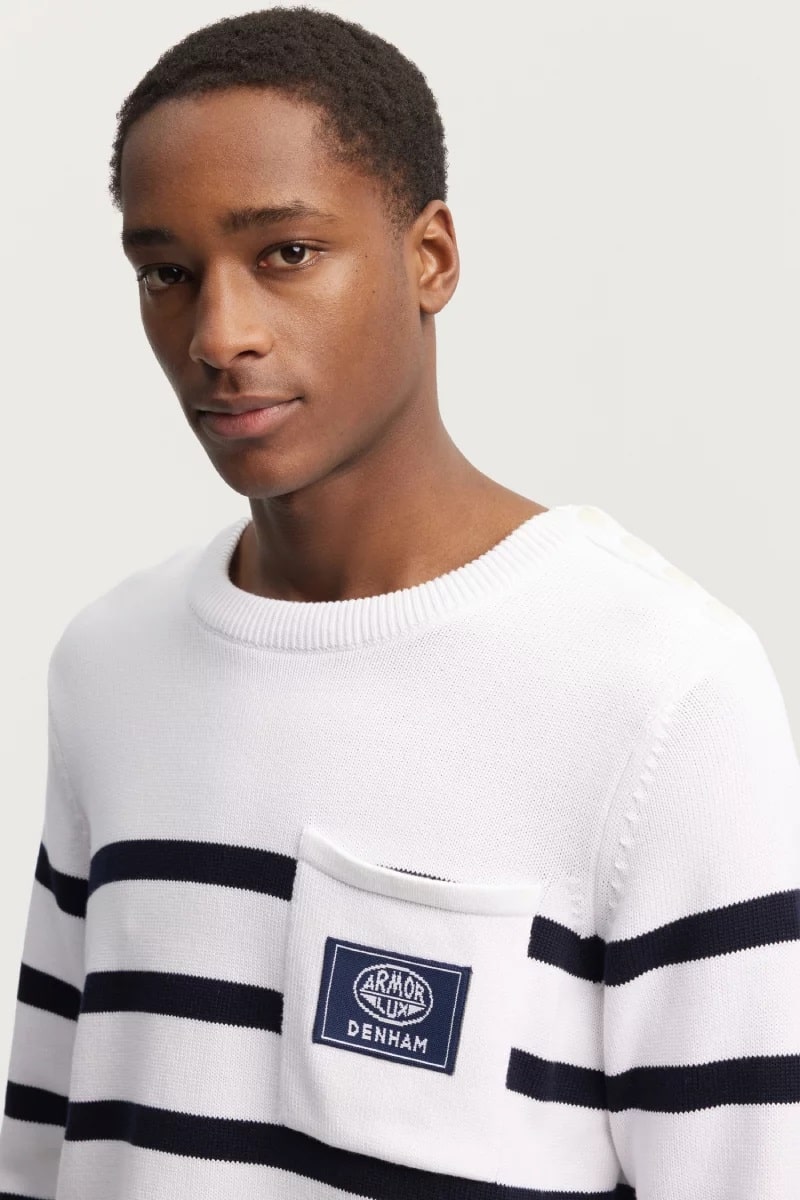 Pull marin rayé Denham X Armor-lux Nature/Rich Navy - Pull Homme Armor Lux