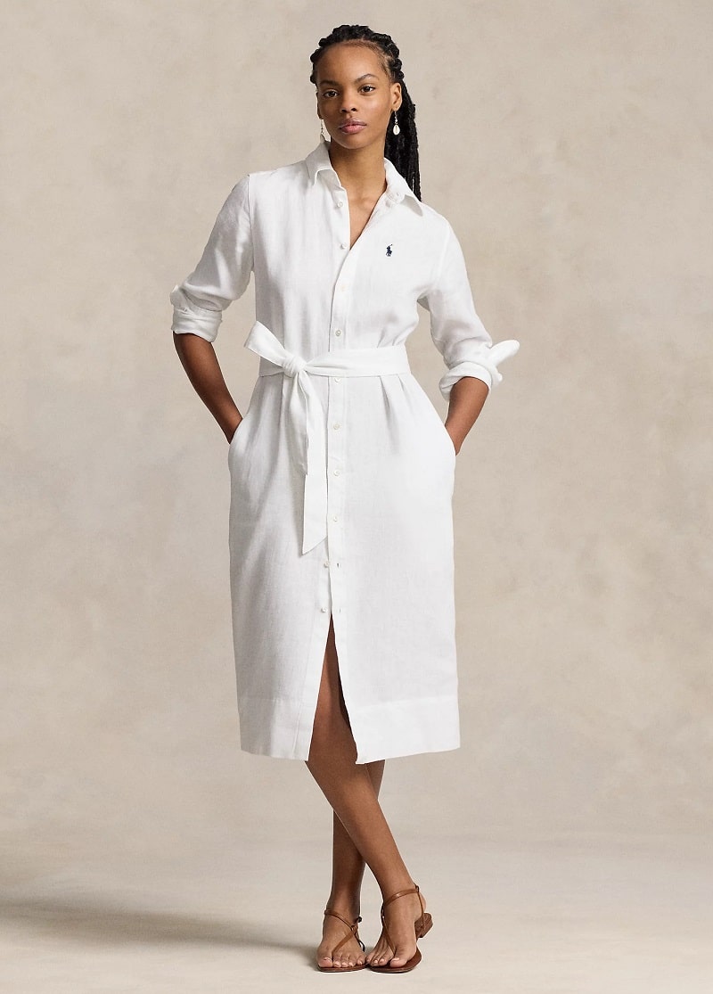 Polo Ralph Lauren Robe-chemise ceinturée en lin Blanc - Robe Femme Ralph Lauren