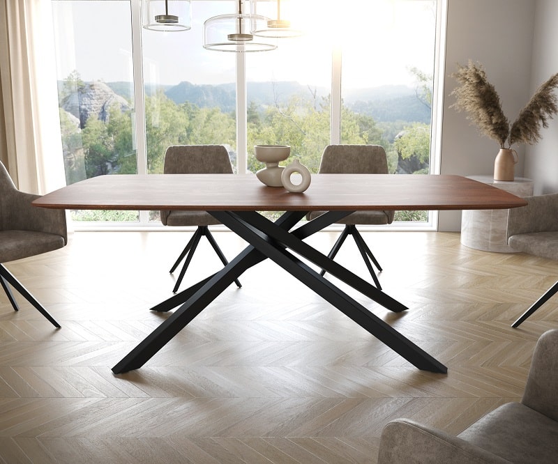 Table à manger EDGE BOOT en acacia marron cadre croisé rectangle noir bord suisse 200x100 cm - Delife