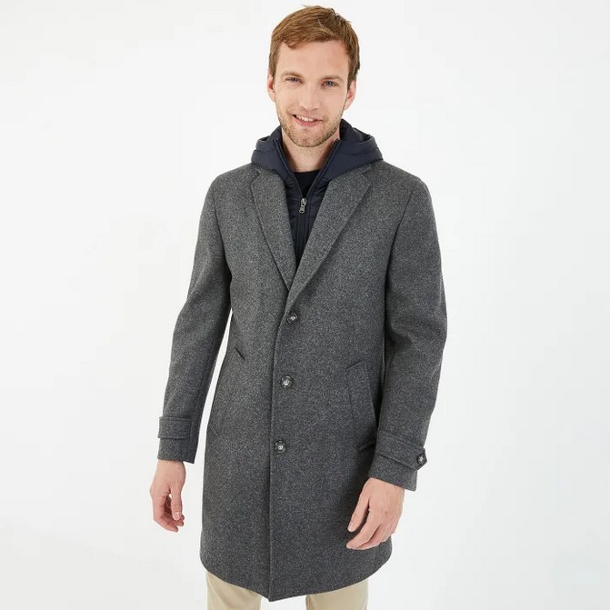 Manteau gris Eden Park en jersey de laine capuche amovible