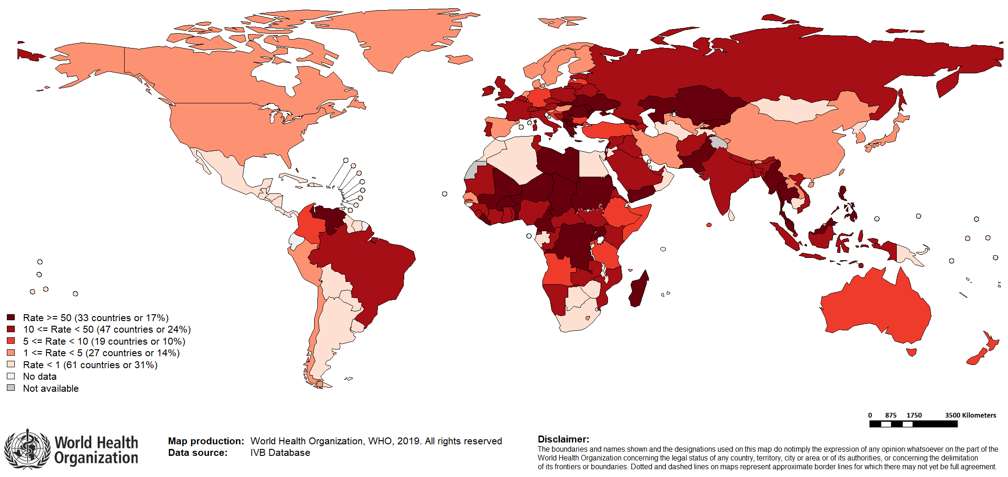 Les pays les plus touchés par l'épidémie de rougeole en 2018 sont la République démocratique du Congo (RDC), le Libéria, Madagascar, la Somalie et l'Ukraine. Ces cinq pays représentent près de la moitié des cas de rougeole dans le monde. Et les cas de rougeole ont triplé depuis janvier 2019.