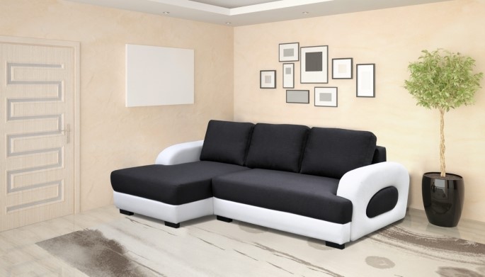 Canapé d'angle convertible méridienne gauche ROCKY tissu gris et blanc
