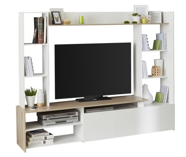 Meuble TV HELOW Blanc et imitation chêne
