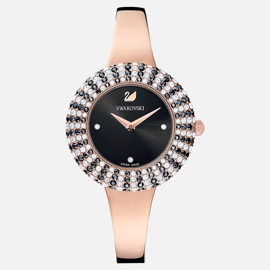 Montre Crystal Rose Swarovski Bracelet en métal noir PVD doré rose
