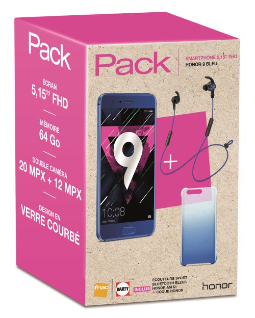 Pack Fnac Smartphone Honor 9 Double SIM 64 Go Bleu  + Ecouteurs Sport Bluetooth AM 61 + Coque Bleue Transparente