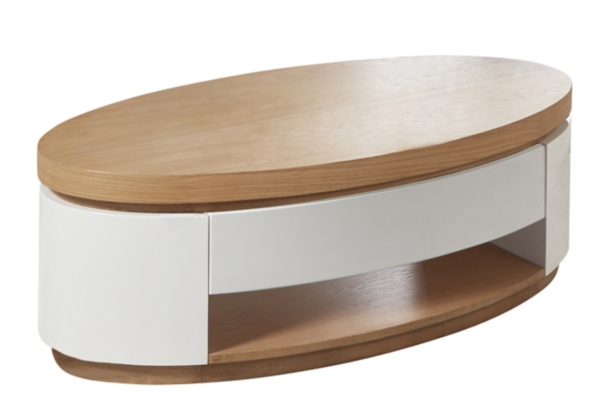 Table basse avec 1 tiroir ELLIPSE placage chêne/blanc laqué