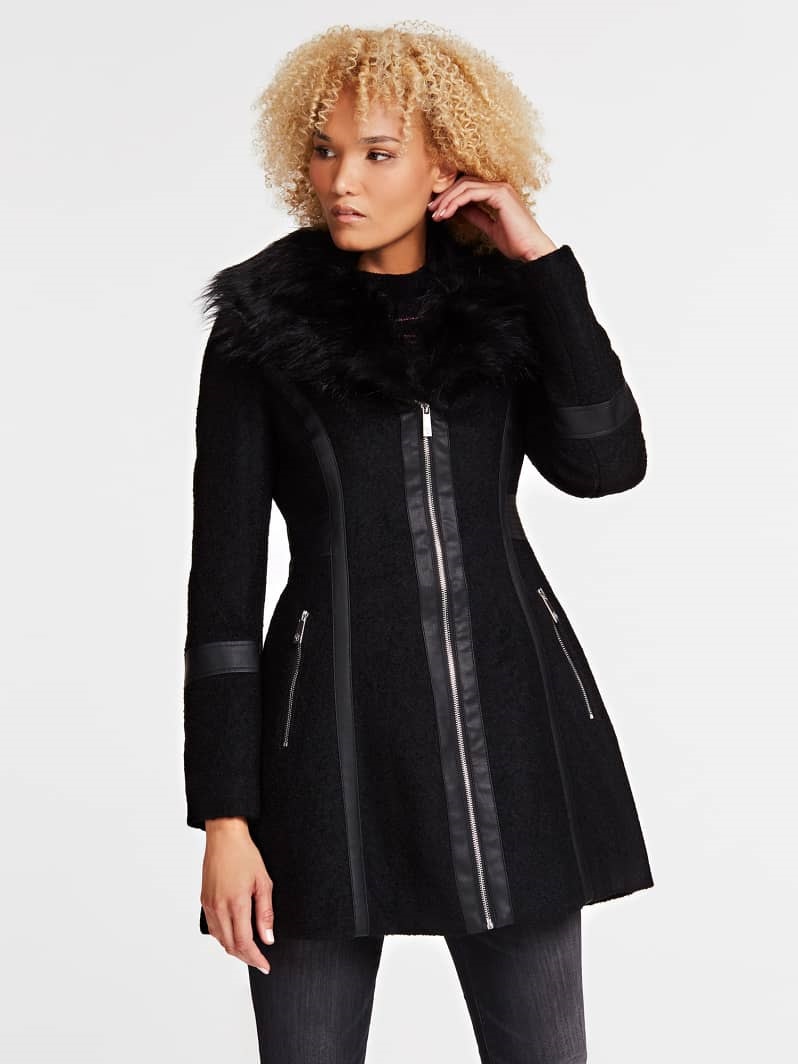 manteau femme noir col fourrure