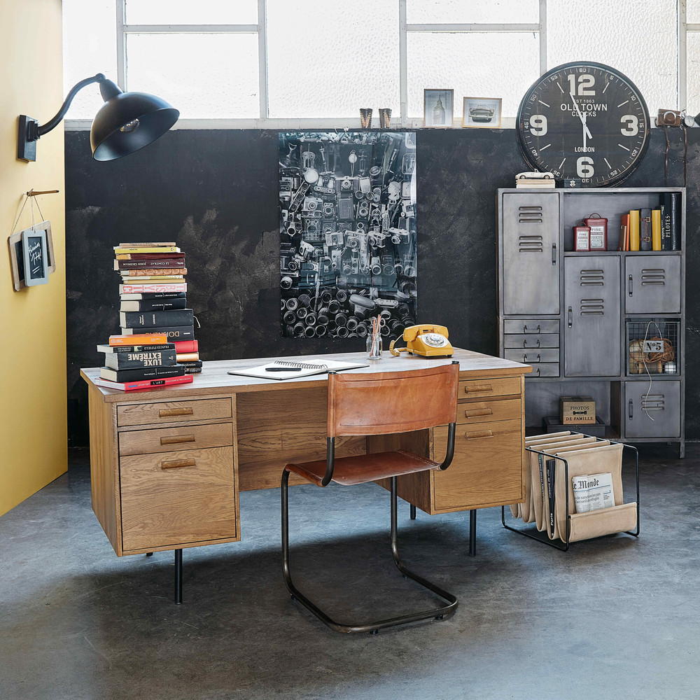 Bureau 6 tiroirs en chêne et métal noir Hipster - Maisons du Monde