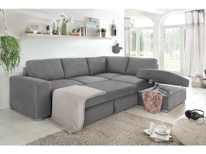Canapé d'angle convertible 4 places MURPHY en tissu coloris gris clair