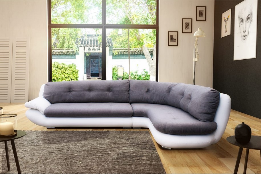 Canapé d'angle droit MENZO 5 places tissu gris clair/ PU blanc