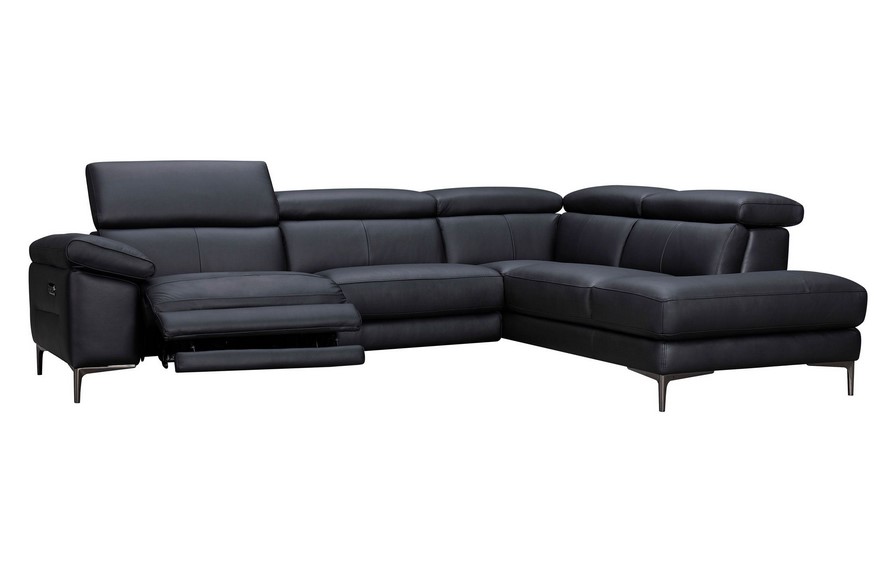 Canapé d'angle droit relax électrique KITIA en cuir noir