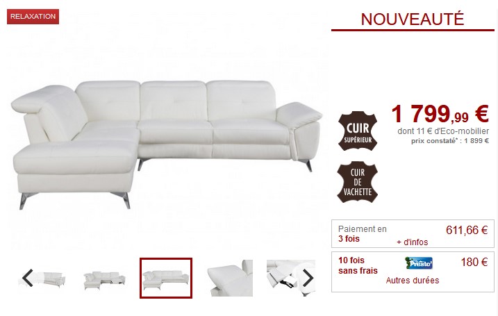 Canapé d'angle gauche relax électrique YANKI en cuir blanc - Vente Unique