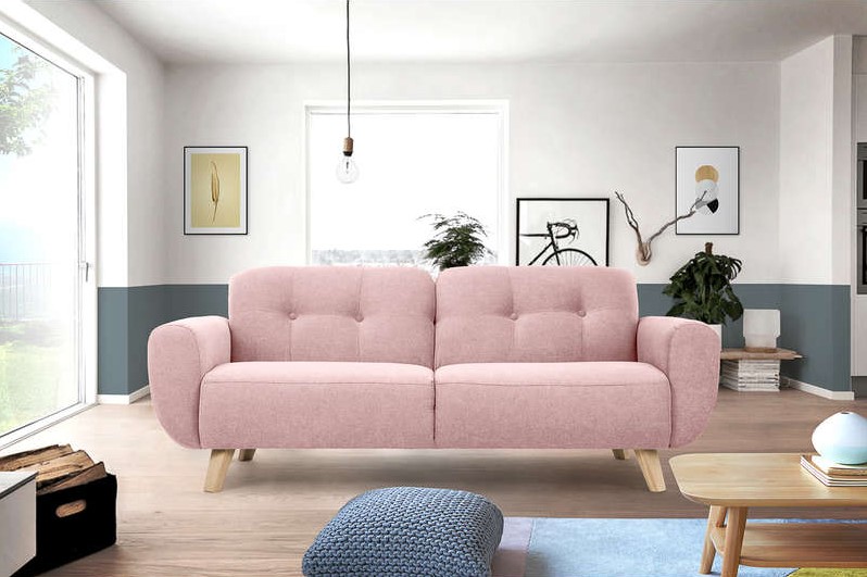 Canapé droit 3 places en tissu NIEVE coloris rose