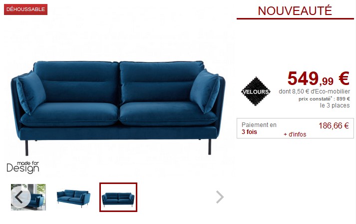 Canapé charme 3 ou 2 places MONVAL en velours bleu ou gris - Vente Unique