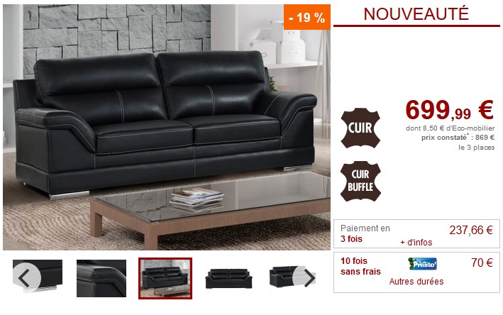 Canapé et fauteuil MONIKA en cuir de buffle noir