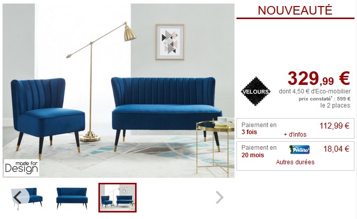 Canapé et fauteuil charme PRISO en velours bleu nuit
