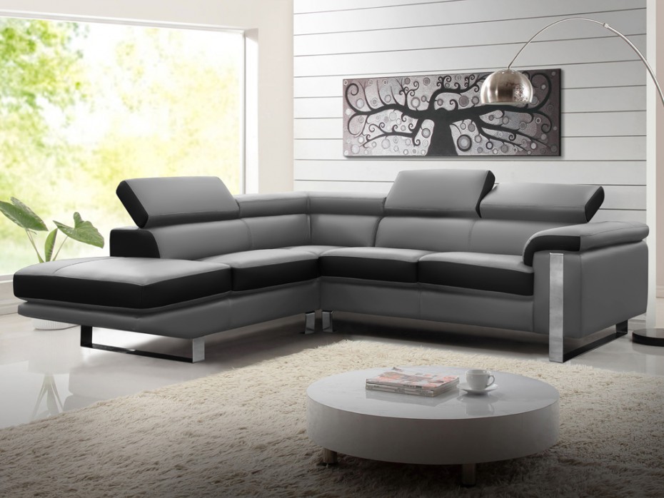 Canapé d'angle gauche MYSTIQUE en cuir noir et gris - Vente Unique 