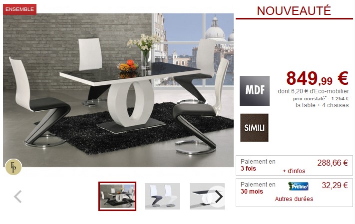 Ensemble Table + 4 chaises TWIST design Noir et blanc