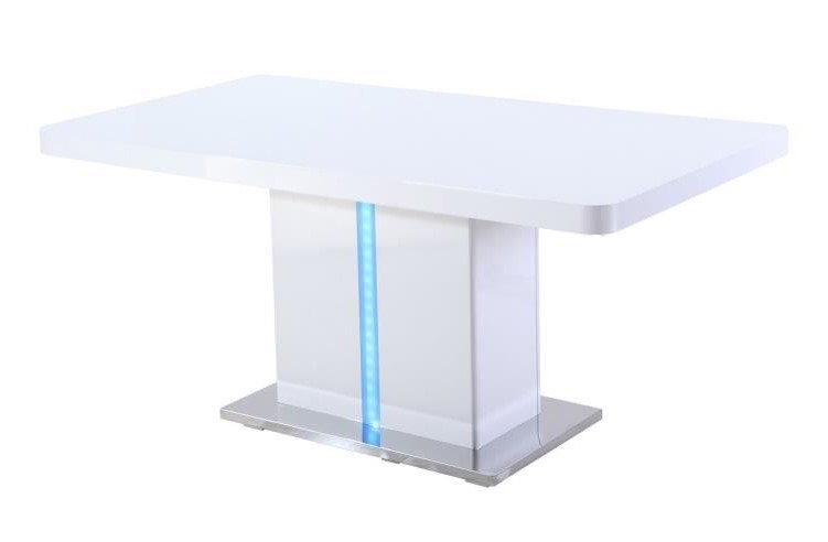 LASER Table à manger avec LED de 6 à 8 personnes style contemporain laqué blanc brillant avec base en métal