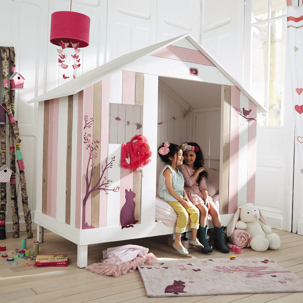Lit Cabane enfant 90 x 190 cm Violette en bois rose et blanc - Maisons du Monde