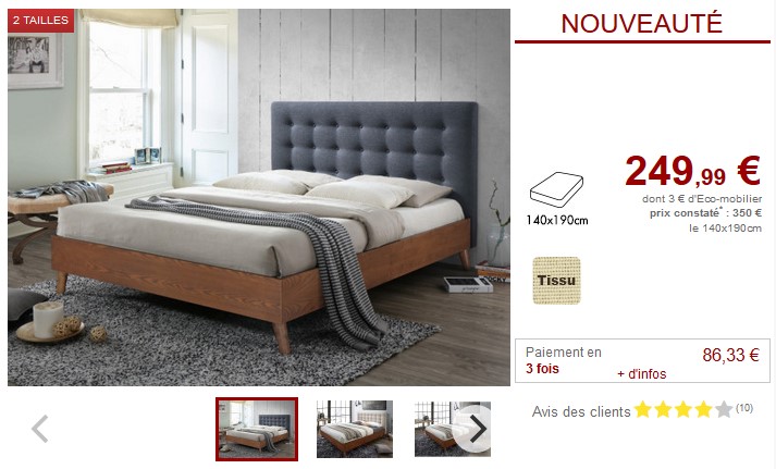 Lit FRANCESCO tête de lit capitonnée 180x200cm Tissu beige/gris bois