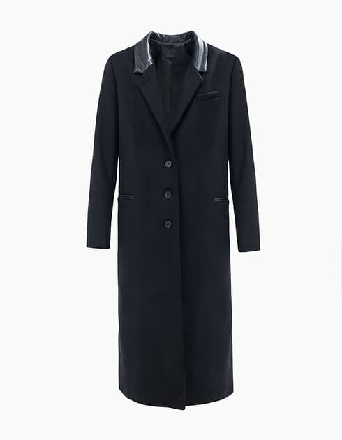 Manteau long en drap de laine col cuir Noir IKKS