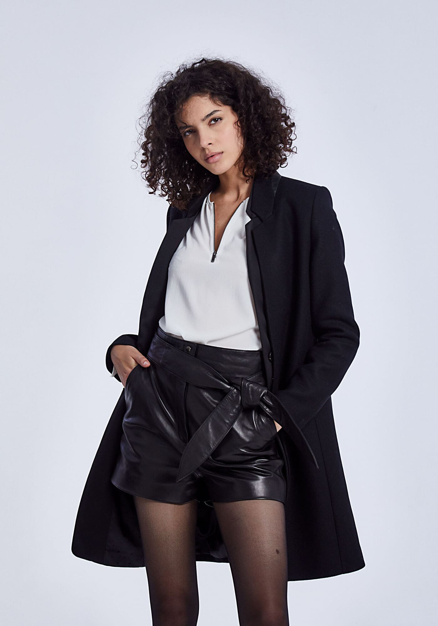 Manteau mi-long drap de laine col enduit noir IKKS Women pour Femme