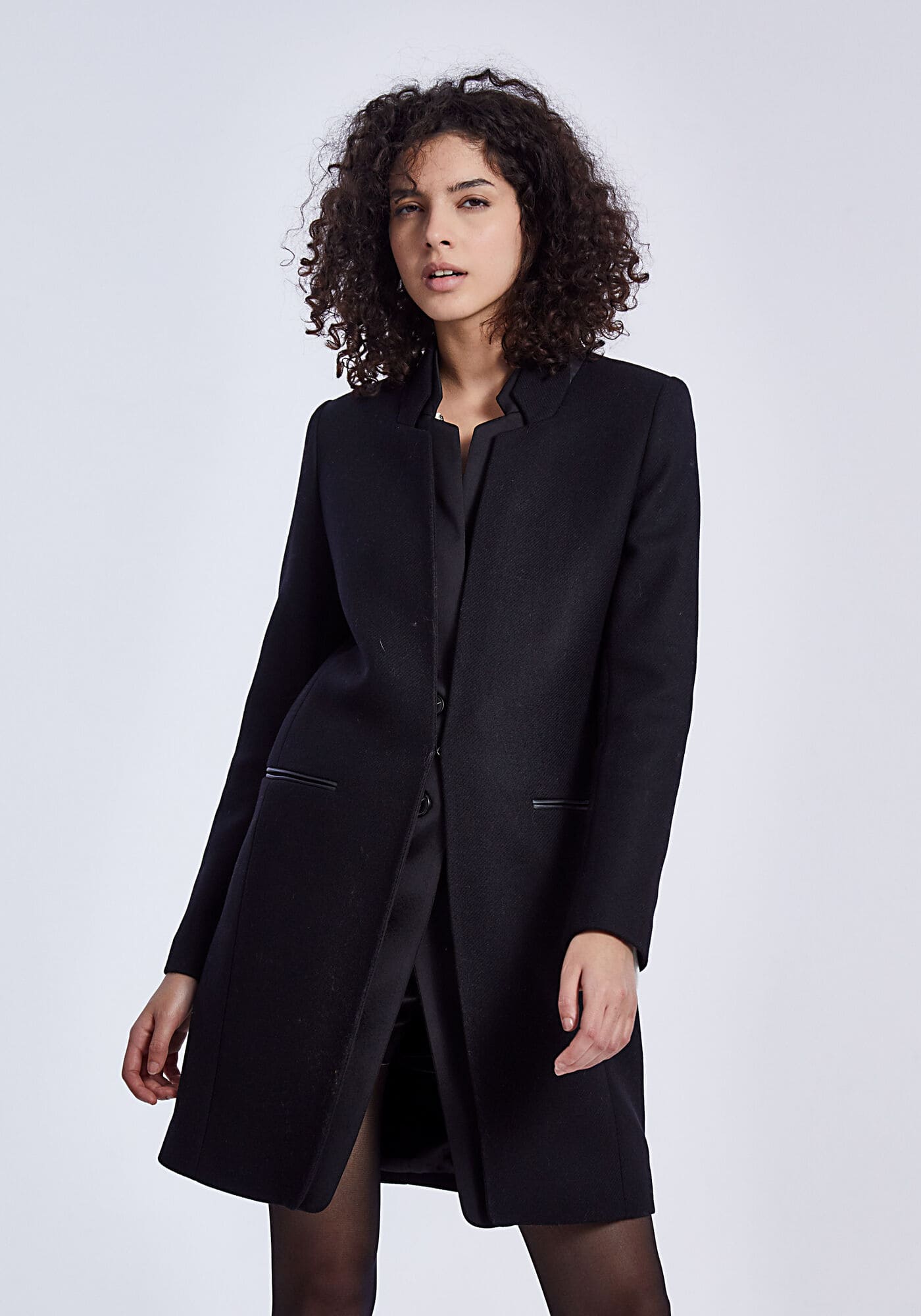 Manteau mi-long drap de laine col enduit noir IKKS Women