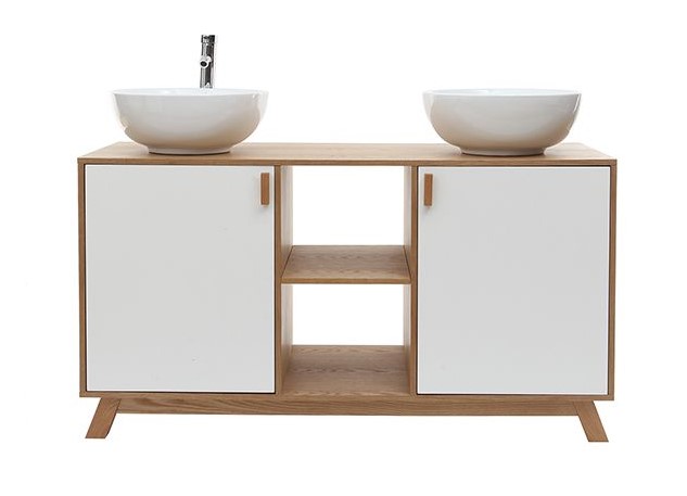 Meuble de salle de bain TOTEM : 2 vasques 2 portes chêne clair et blanc