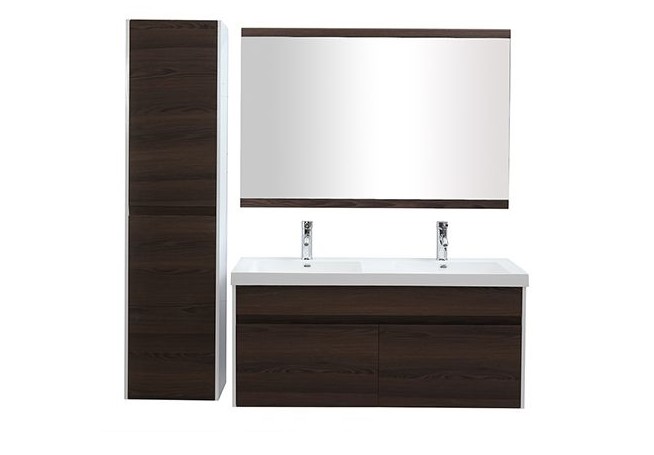Meubles de salle de bains GANFO avec double vasque miroir et rangements blanc et bois foncé 