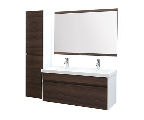 Meubles de salle de bains GANFO avec double vasque miroir et rangements blanc et bois foncé - Miliboo