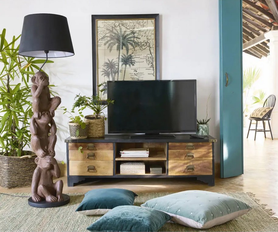 Meuble TV 6 tiroirs Cheyenne en manguier massif noir et bois recyclés - Maisons du Monde