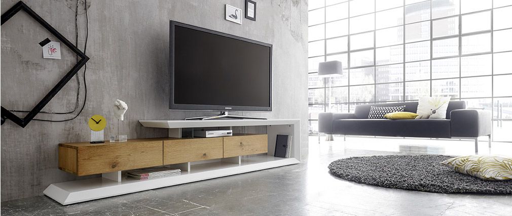 Meuble TV design RITUEL laqué blanc et bois