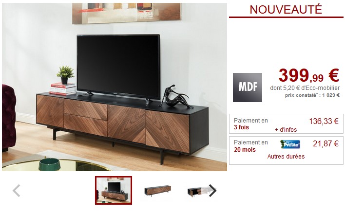 Meuble TV ISMAEL 3 portes MDF Coloris Noyer et Noir