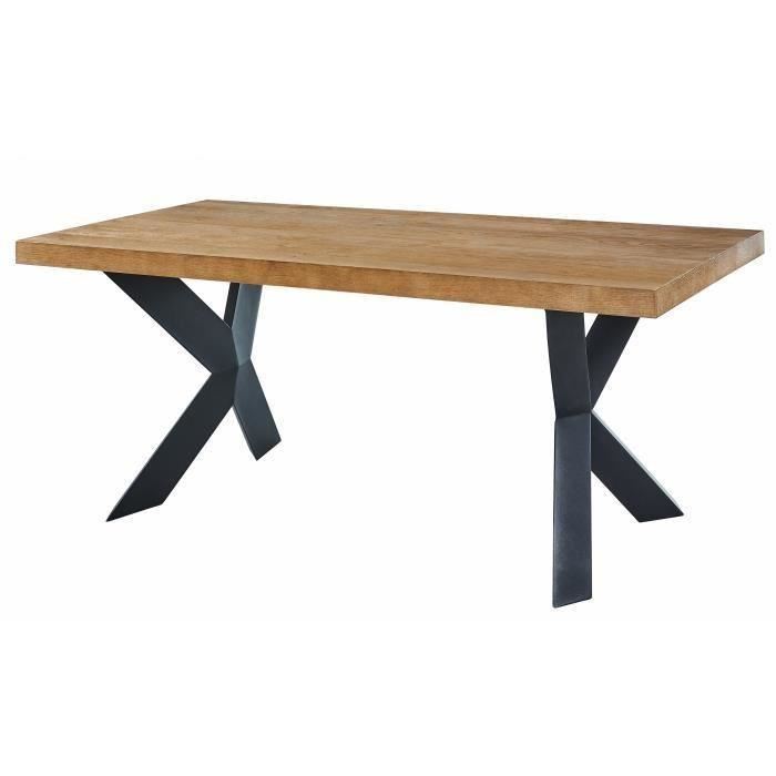 PLATON Table à manger de 6 à 8 personnes style industriel placage bois chêne + pieds métal laqué noir