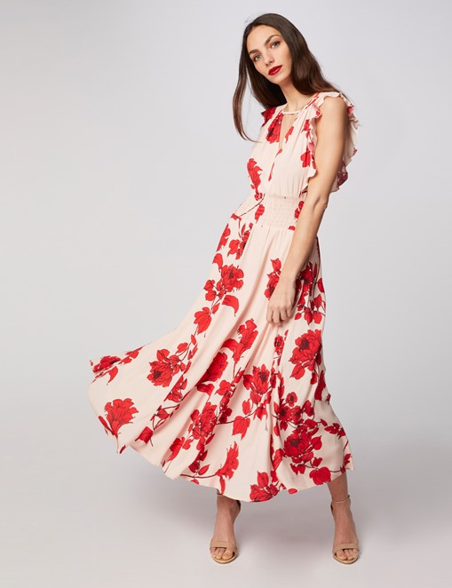 Robe longue évasée à motif floral Rouge Morgan
