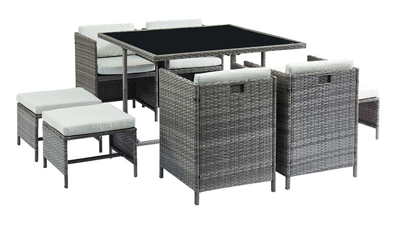 Salon de jardin CORDOBA en résine tressée grise avec table 4 fauteuils et 4 poufs