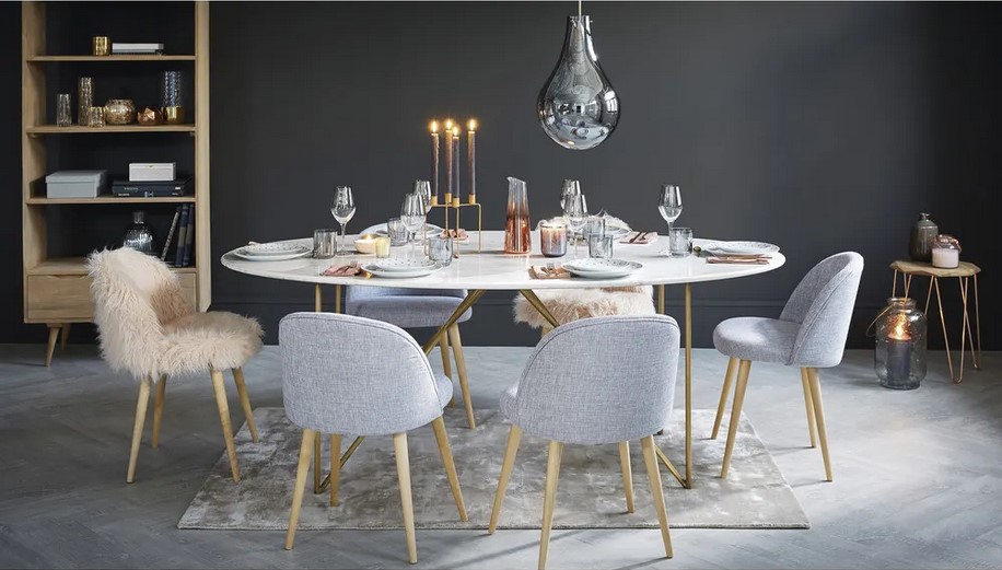 Table à manger 4/6 personnes Izmir en marbre blanc et fer doré